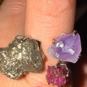 Rare Ooak 925 Sterling, silver raw amethyst Ruby, and pyrite ring